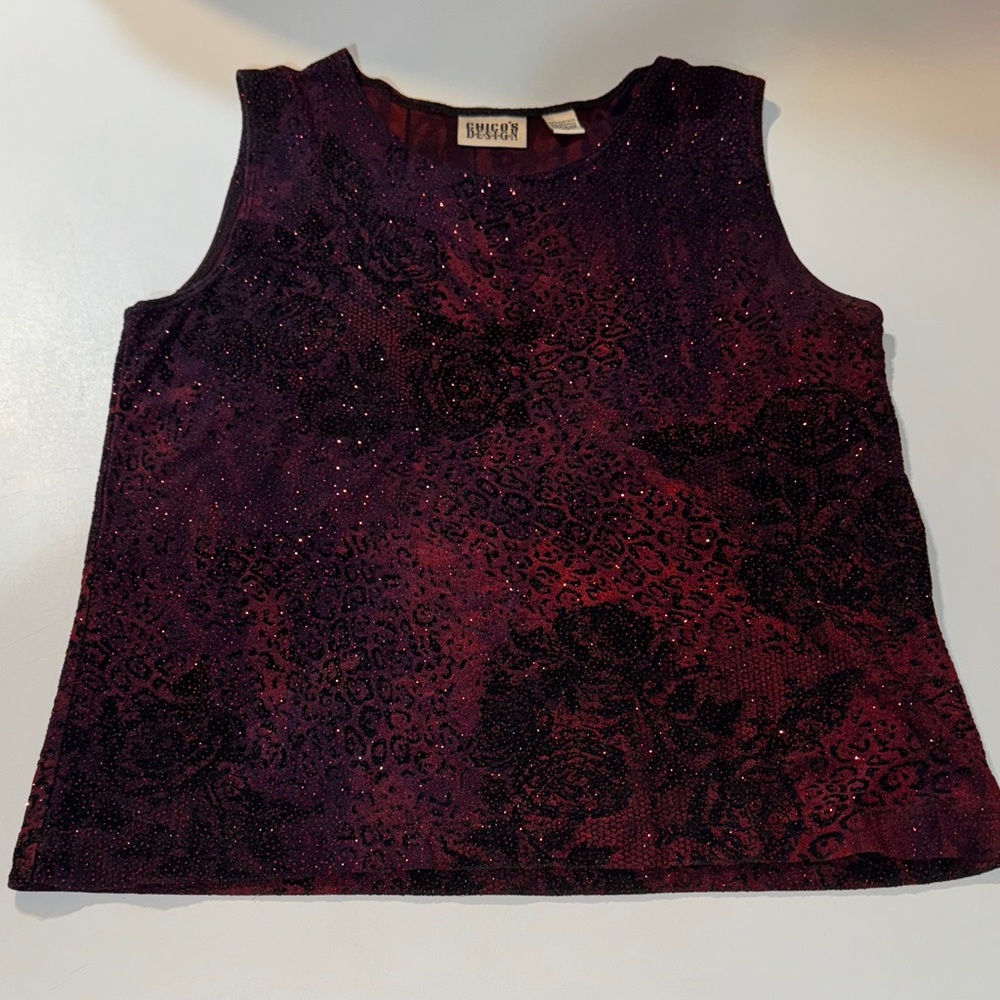 VTG Chico's Women's Sleeveless Shimmering Animal Print Tank Top in Rich Burgundy